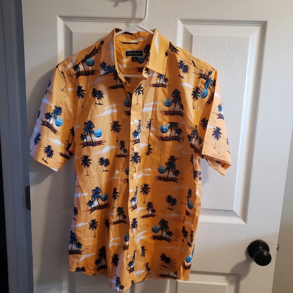 Mens Club Room Medium Short Sleeve Tropical Sunset Print Button Down Shirt